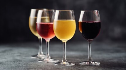Naklejka premium Assorted wine glasses shimmer elegantly under moody lights, evoking autumn Bacchanalia, sommelier symphony, and Wine Harvest Festival