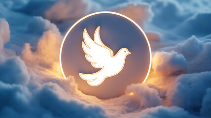 A glowing dove symbol within a circular frame floating among clouds in a serene sky