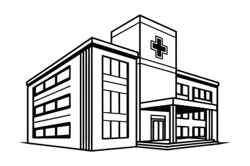 a black and white drawing of a hospital building