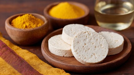 Creamy tofu medallions nestle against golden turmeric powder, evoking serene vegan Thanksgiving and World Vegan Day celebrations