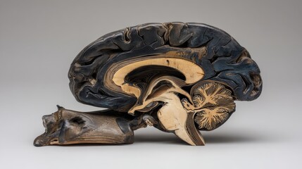 Intricate Wood Sculpture of Human Brain Detailed Design Artwork