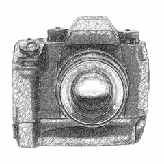 Artistic front view of a professional digital camera sketch.