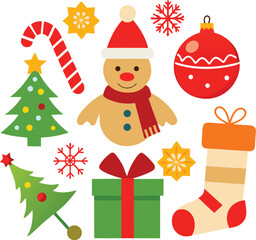 Vector art of a charming arrangement of christmas elements including a snowman, a christmas tree, gift boxes, stockings, candy canes, and decorative stars, all isolated on a for easy use