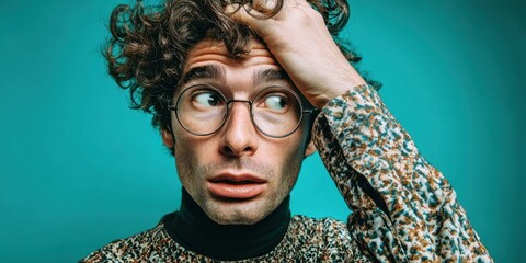 The confused young man with curly hair and stylish glasses expressing surprise.