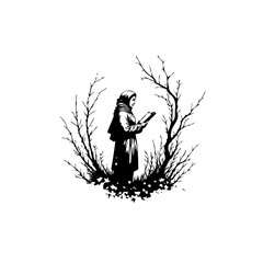 Monochrome exploration depicting a woman in traditional attire reading a book amidst bare branches