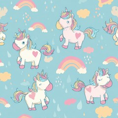 Obraz premium Whimsical Unicorns in the Sky: Delightful unicorns frolic amidst rainbows and fluffy clouds, creating a joyful and enchanting atmosphere.