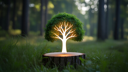 Glowing tree sculpture on a tree stump in a forest setting