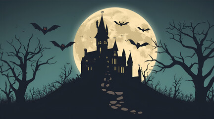 Haunted castle with full moon and flying bats
