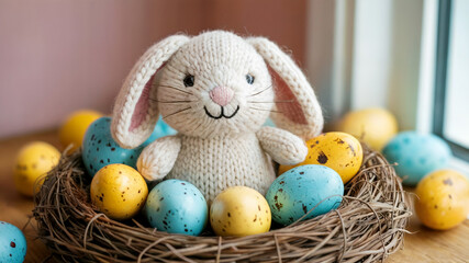 Knitted Bunny with Colorful Easter Eggs