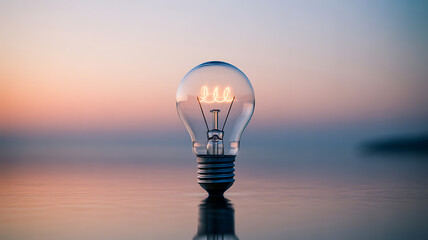 A glowing light bulb stands on a reflective surface at sunset, with a serene sky and water in the background.