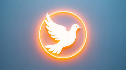 A glowing white dove in flight within a circular neon outline against a gradient blue background.