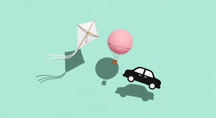 Kite balloon and car flat lay