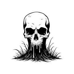 Monochrome skeletal representation emerges from overgrown vegetation a stark reminder of