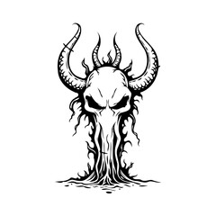 Monochrome skull illustration with intricate horn and flame design evokes otherworldly symbolism
