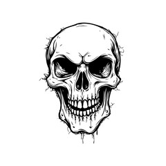 Monochrome skull illustration with stylized lines and shadows creating a spooky and mysterious
