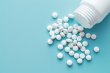 White pills spilling from a plastic bottle onto a light blue background.  The image is a simple, clean studio shot, focusing on the pills and their contrast against the background