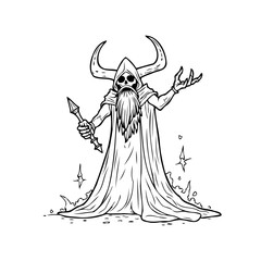 Mystical horned figure illustration casting spells in robes with a spectral weapon against a pure