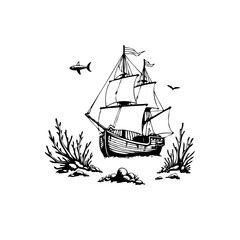 Old-fashioned sailing ship with flags cruising near corals illustration in black and white drawing