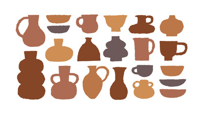 Collection of cute trendy crockery elements. Ink hand drawn vector illustration on white background.