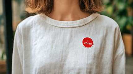 Young woman wearing red I Voted sticker on white shirt