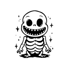 Playful skeletal character with exaggerated features evoking whimsical spooky and adorable