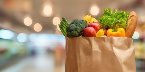 The grocery bag filled with fresh fruits and vegetables in a blurred market.