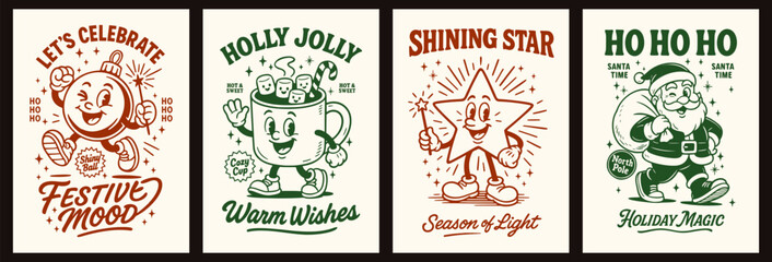 Retro Christmas poster set with ornament ball, cocoa mug, shining star and Santa Claus mascot characters in vintage groovy