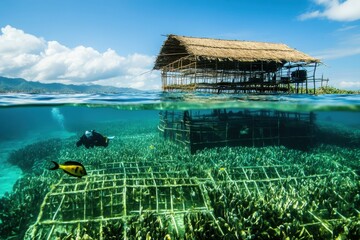 Coral reef restoration efforts near an underwater farm in vibrant tropical waters