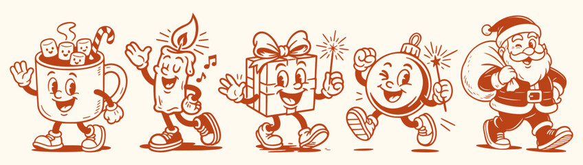 Retro Christmas mascots set with hot chocolate cup, candle, gift box, ornament ball and Santa character in vintage groovy 60s 70s 