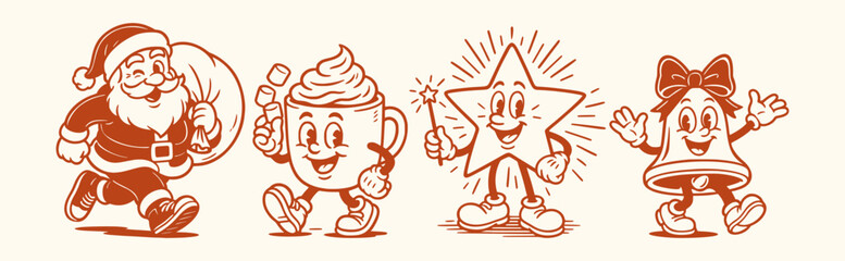 Obraz premium Vintage retro Christmas characters with Santa, cocoa mug, star and festive bell mascot in funky groovy 70s inspired illustration