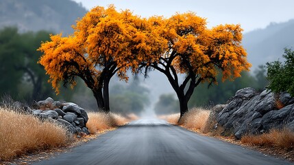 A tunnel of autumn trees arches over a straight country road, with motion blur blending the falling leaves into golden streaks. The road fades into a misty horizon.