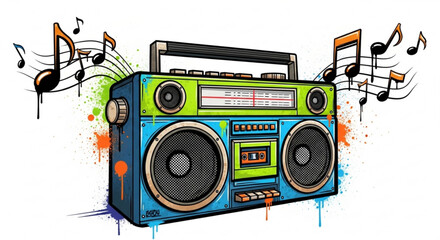 Retro boombox illustration with musical notes and graffiti splash, capturing the essence of vintage hiphop culture and music