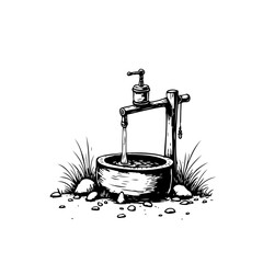 Rustic water fountain sketch evoking tranquility: A timeless design element of outdoor charm and © Rahma