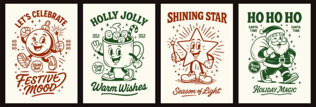 Retro Christmas poster set with ornament ball, cocoa mug, shining star and Santa Claus mascot characters in vintage groovy