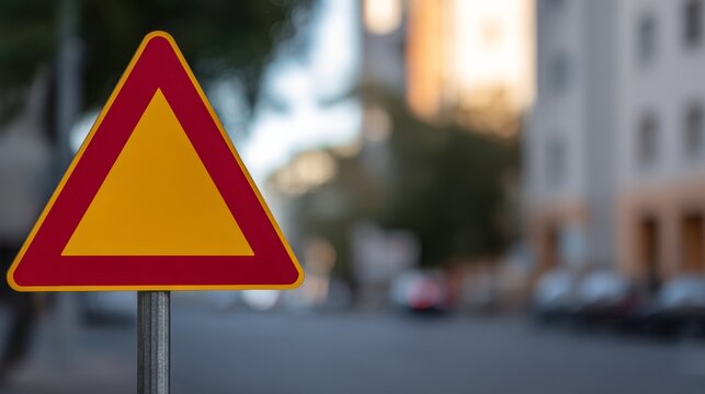 Triangular road sign amidst urban blur, car-free day symbolizing city quietus, echoes of World Bicycle Day liberation