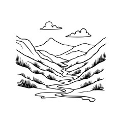 Serene mountain valley illustration with flowing river and cloudscape evokes nature's tranquility