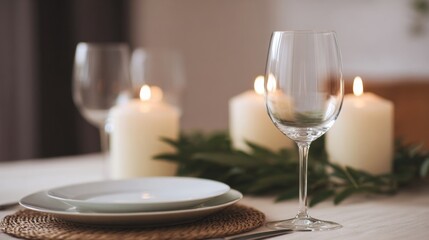 Elegant dining table awaits with flickering candlelight, perfect for Hygge celebrations or an intimate Winter Solstice dinner