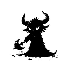 Silhouette of a horned cartoon monster character wielding an axe in a whimsical manner for