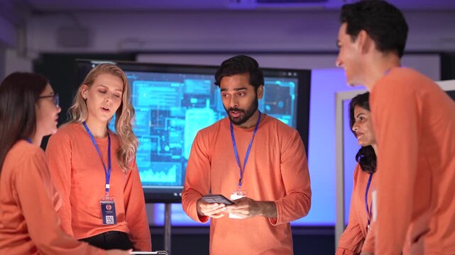 A team of IT specialists in a modern control room works on a project. The diverse group collaborates, reviewing important data on a smartphone and large digital screens.