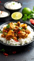 Chicken curry with rice and a side of yogurt sauce