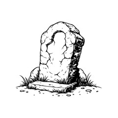 Sketch illustration of an ancient weathered tombstone overgrown with grass representing solemn
