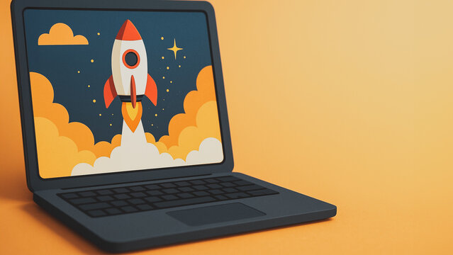 Laptop displaying a rocket launch graphic symbolizing innovation and startup success
