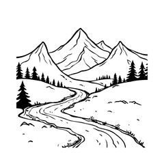 Sketching mountain landscape with winding stream among evergreen trees offering a serene natural