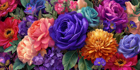 A colorful floral arrangement featuring a variety of flowers in full bloom. The composition showcases different textures, hues and shapes with a deep and enchanting atmosphere.