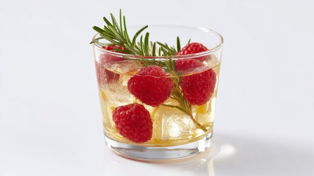 Chilled herbal elixir with vibrant raspberries and rosemary, embodying midsummer soiree vibes and quirky mixology flair