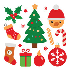 Vector art of a charming flat design collection of christmas elements including holly, a santa hat, ornaments, a christmas tree, gifts, stockings, and a candy cane, isolated on a