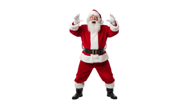 Full length portrait of a cheerful Santa Claus shouting with arms raised in celebration.