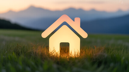 Illuminated house-shaped cutout glowing in a grassy field at sunset with mountains in the background