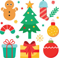 Fototapeta premium Vector art of a delightful arrangement of christmas elements including a gingerbread man, a festive tree, a stocking, gifts, ornaments, and snowflakes, all isolated on a for easy use