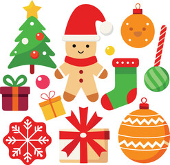 Fototapeta premium Vector art of a delightful arrangement of christmas icons including a gingerbread man, christmas tree, ornaments, gifts, candy cane, snowflake, and stocking, isolated on a
